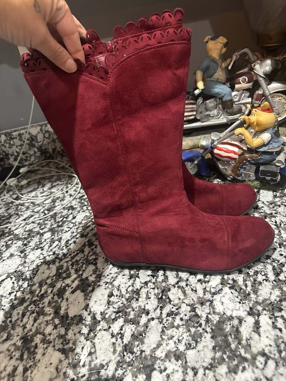 Comfortview Red Suede Scalloped Top Zip Flat Boots